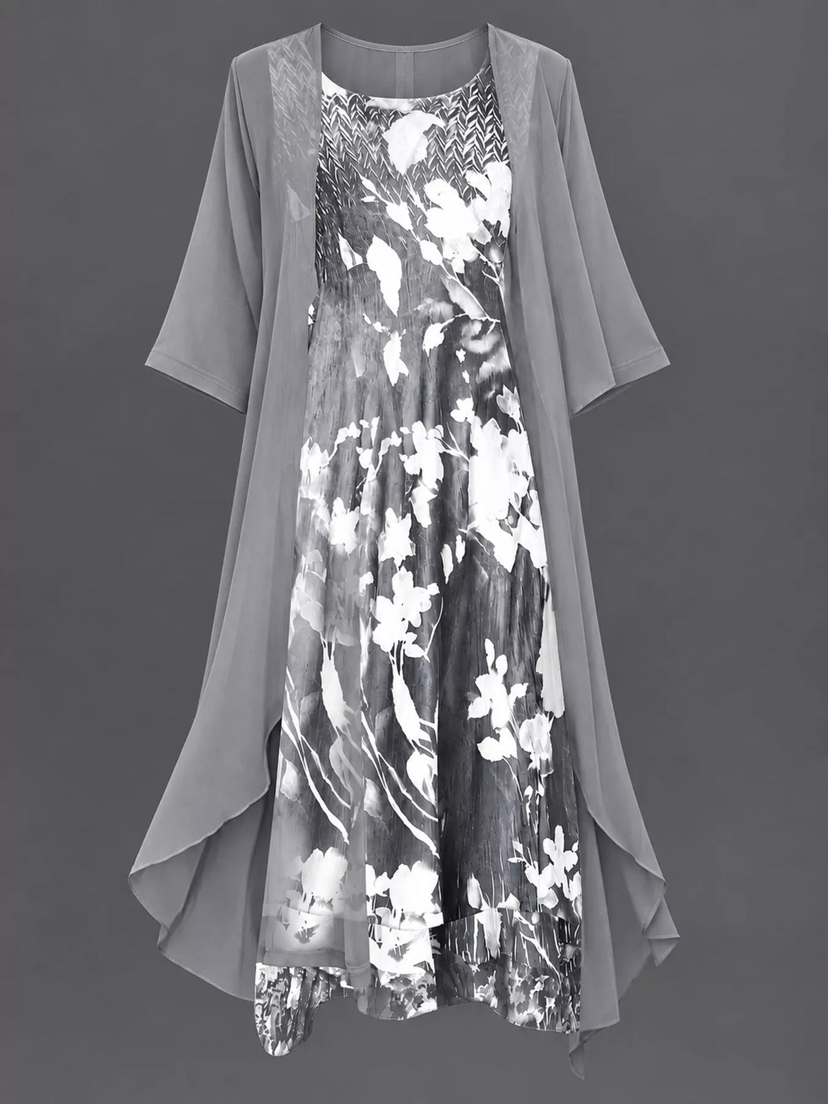 Full Size Floral Print Midi Dress and Chiffon Cardigan Set Plus Size