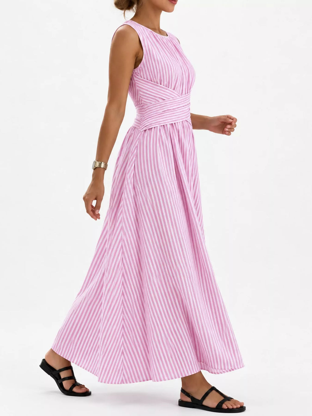 Full Size Sleeveless Striped Maxi Dress with Criss-Cross Waist Detail Plus Size