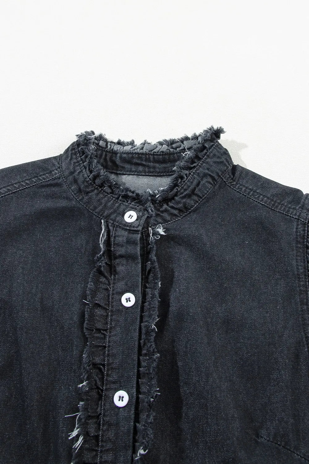 Button Down Raw Hem Ruffled Denim Shirt