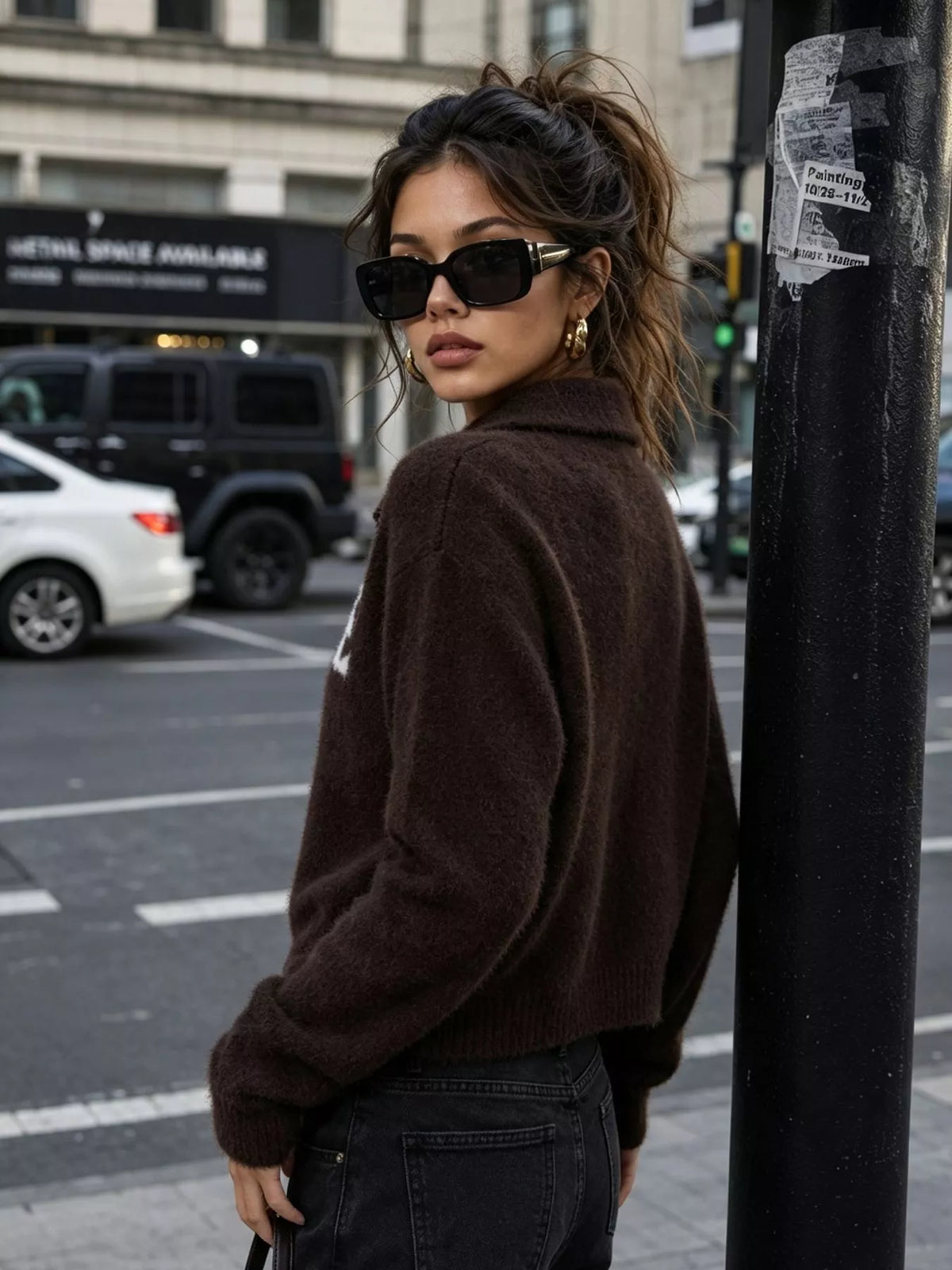 Fuzzy Letter Zip-Up Cardigan