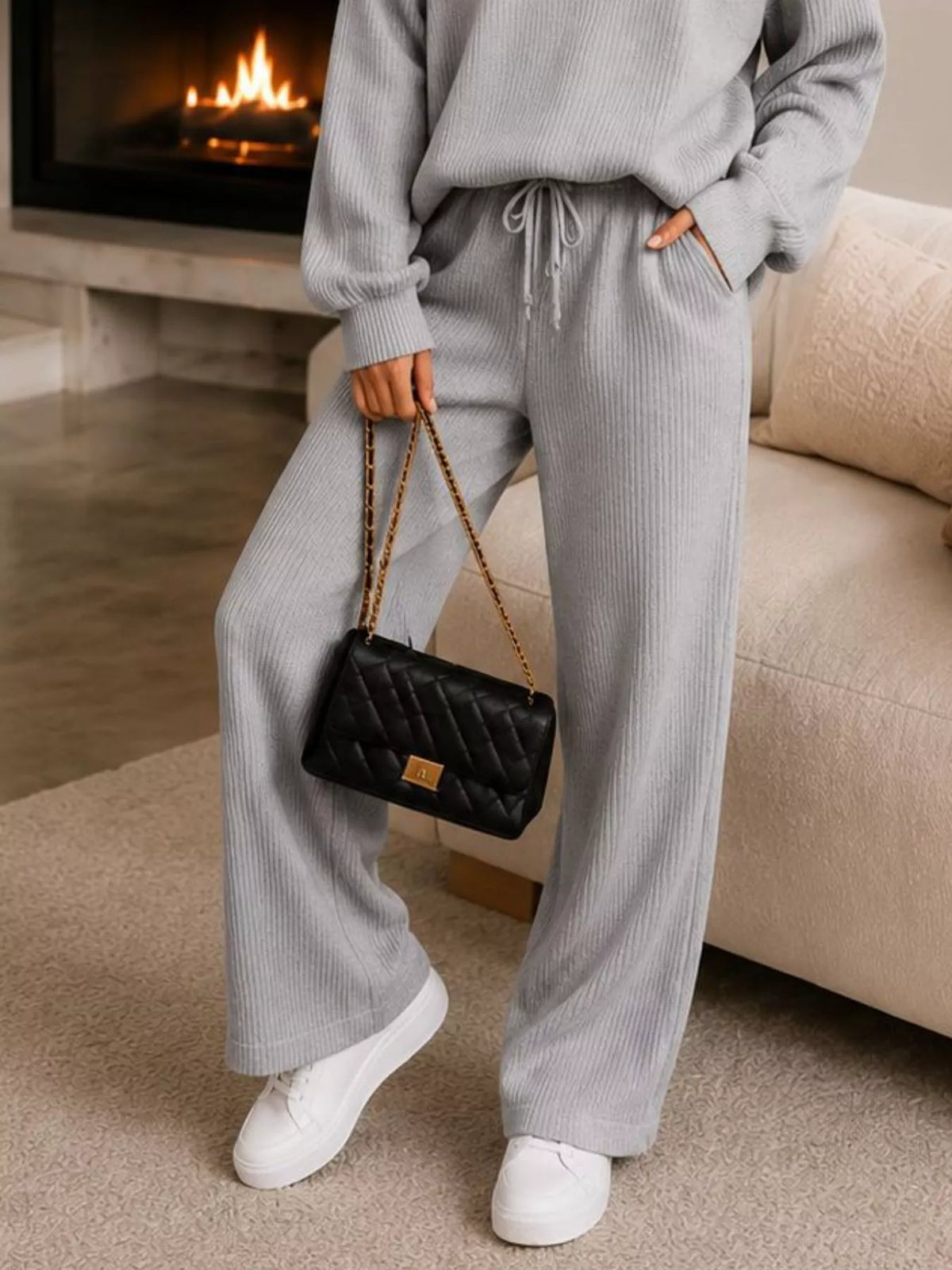 Ribbed Knit Quarter-Zip Top and Wide-Leg Pants Set