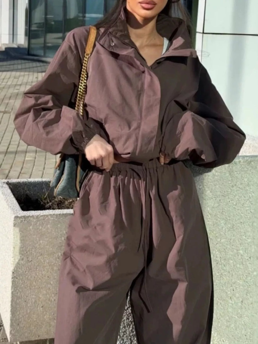 Drawstring Hem Crop Jacket and Wide-Leg Pant Set
