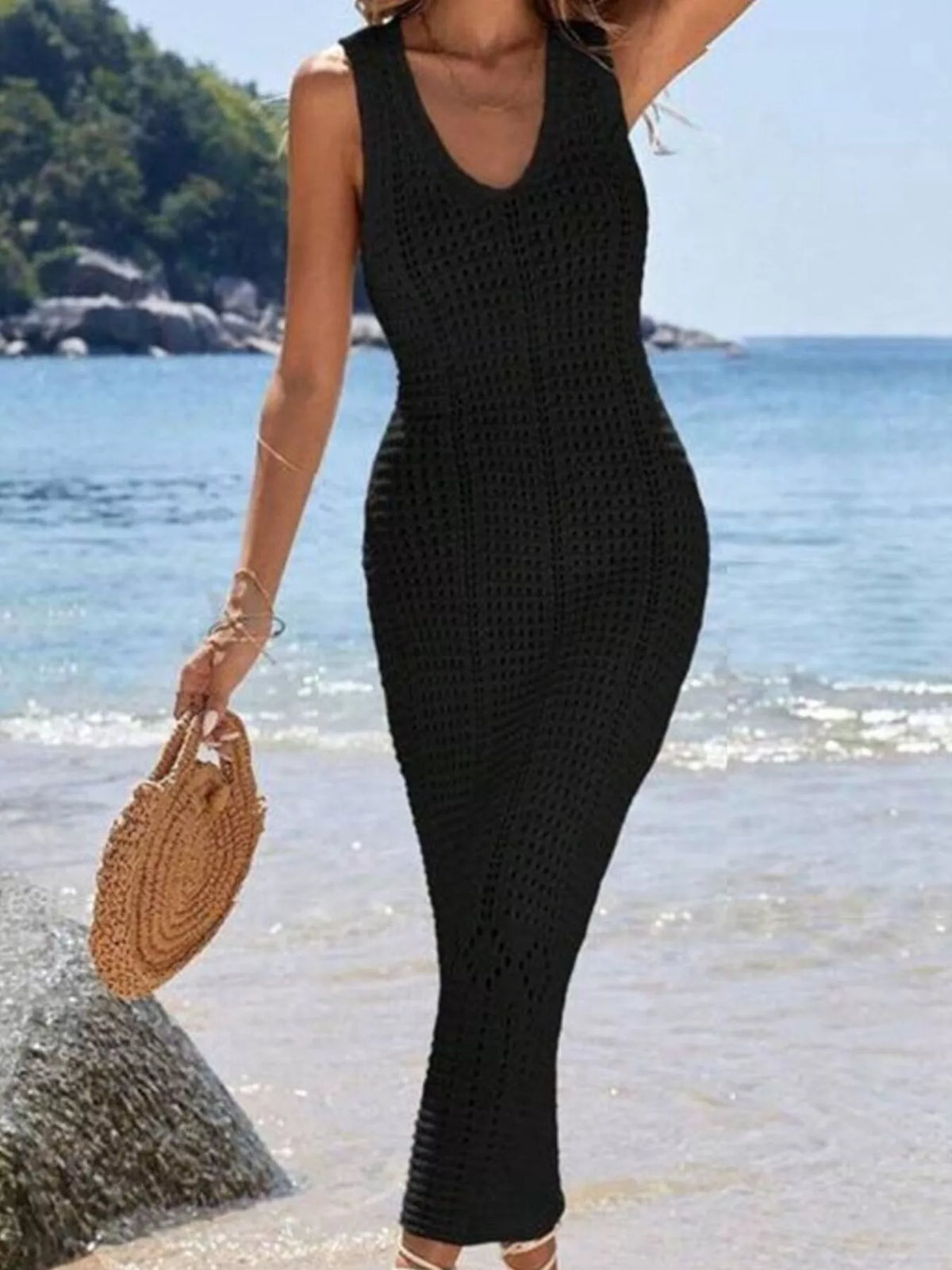 Sleeveless Crochet Knit Cover Up Maxi Dress
