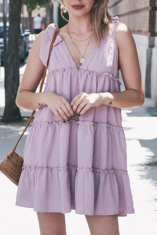 Tiered Flounce Ruffle Mini Dress with Polka Dot Texture