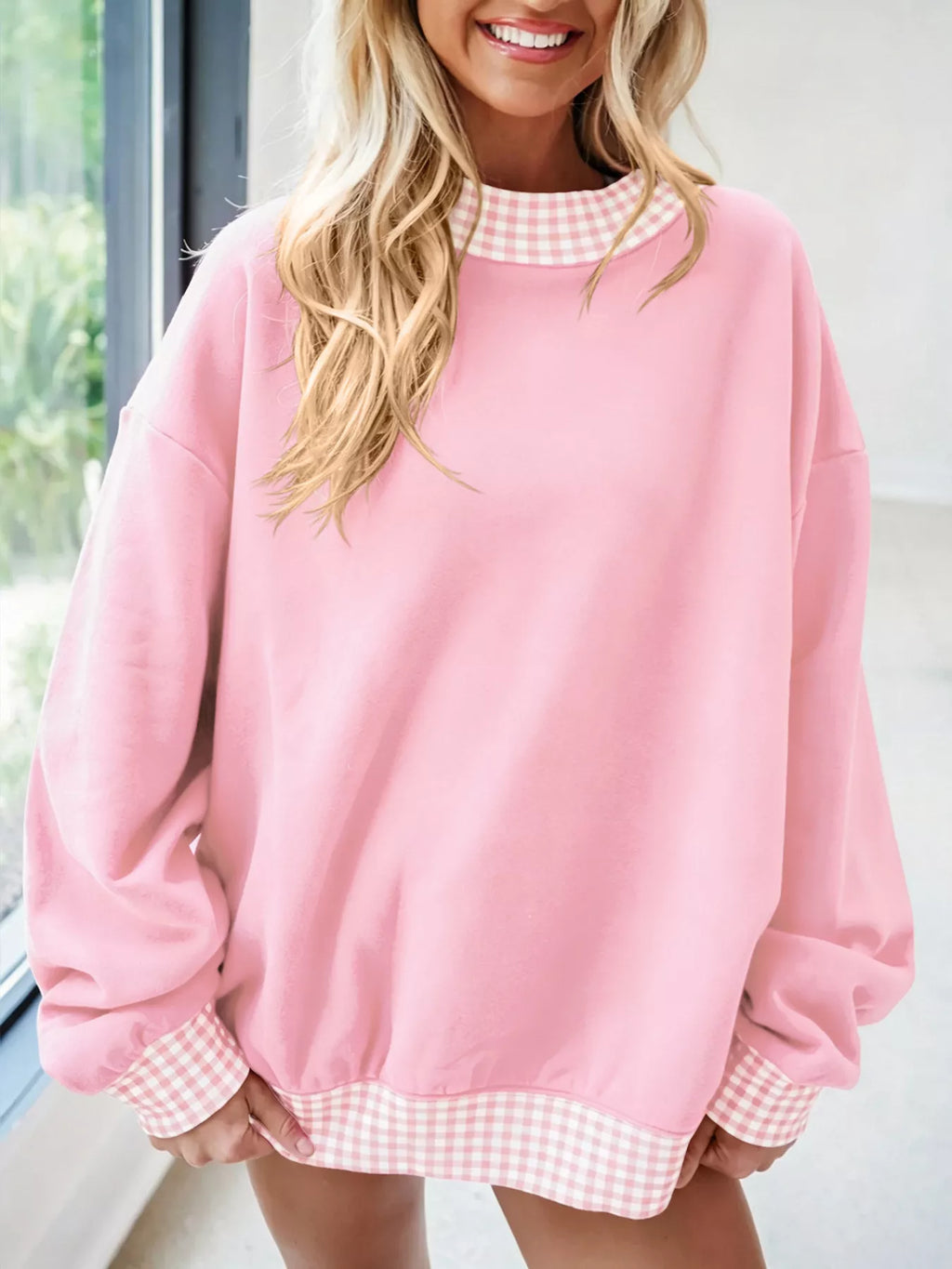 Gingham Trim Dropped Shoulder Sweatshirt