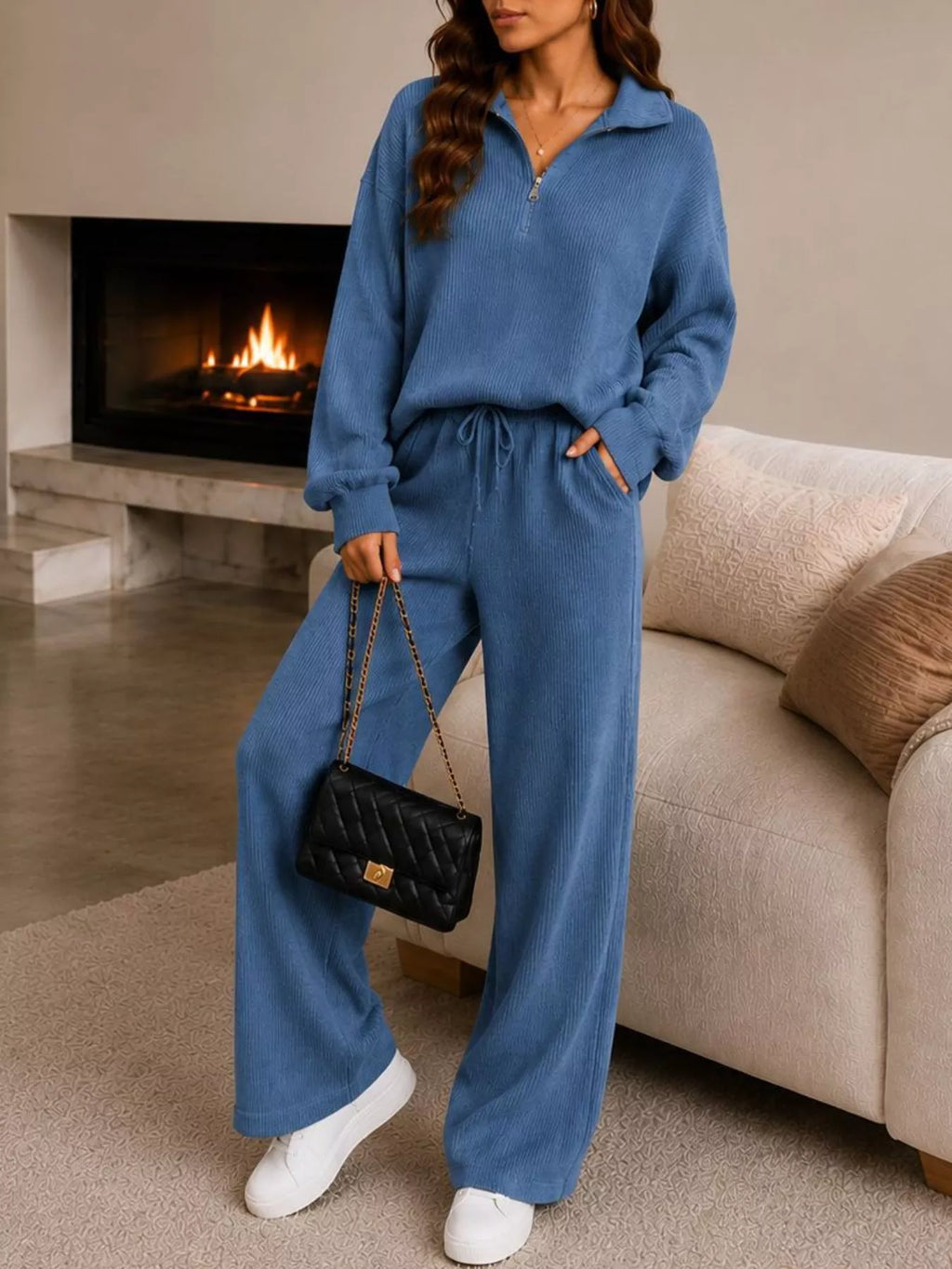 Cozy Ribbed Knit Quarter-Zip Top and Wide-Leg Set