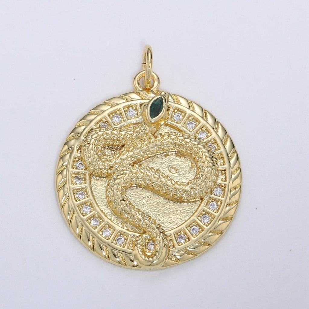 21mm 14k Gold Filled Snake Medallion CZ Pave Snake Charms, Green Eye Serpent Pendant, Micro Pave Snake Charm Coin Disc Snake Medallion D-225