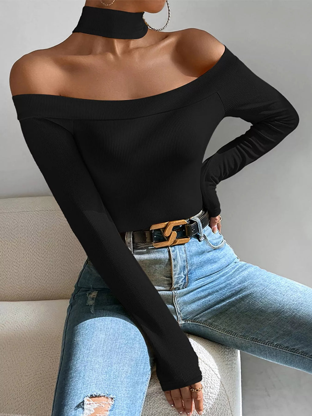 Off-Shoulder Ribbed Knit Long Sleeve T-Shirt with Choker Neck