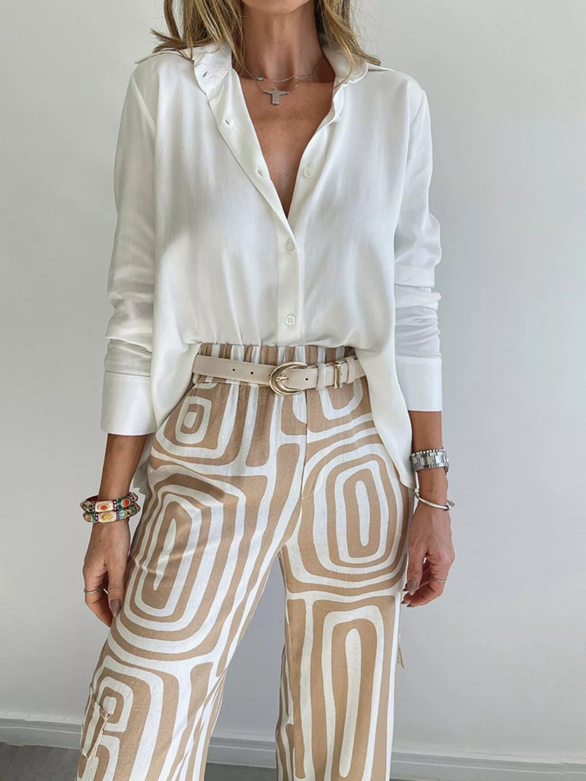 Full Size Chic Button-Down Shirt and Geometric Wide-Leg Pants Set Plus Size