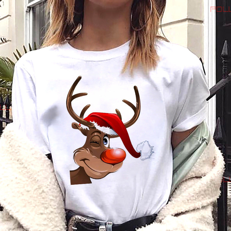 European And American Women's Clothing Merry Christmas Happy Short-sleeved T-shirt Women's Top Women's Round Neck