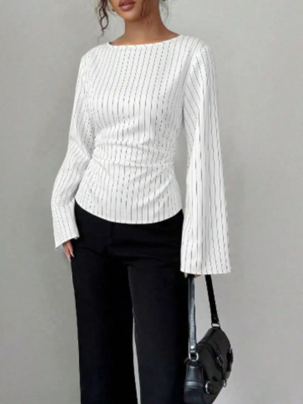 Elegant Pinstriped Bell Sleeve Blouse with Back Lace Up