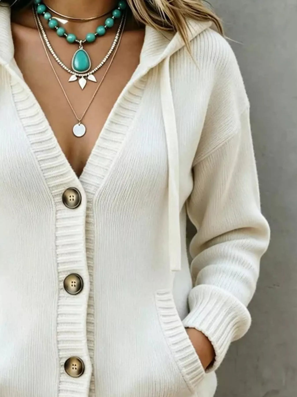 Hooded Button-Down Knit Cardigan with Pockets