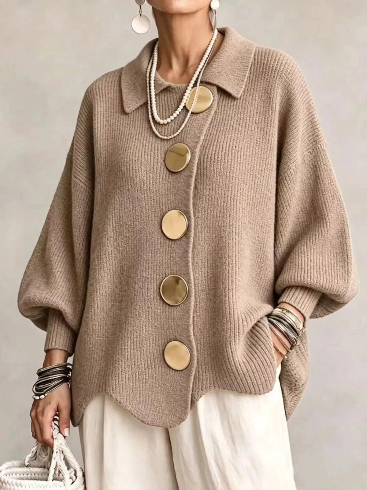 Full Size Gold Buttons Lantern Sleeve Cardigan Plus Size