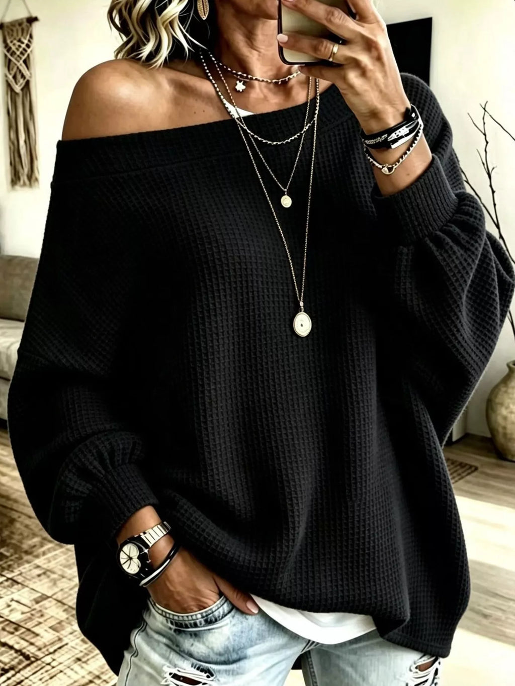 Full Size Waffle Knit Boat Neck Sweatshirt Plus Size