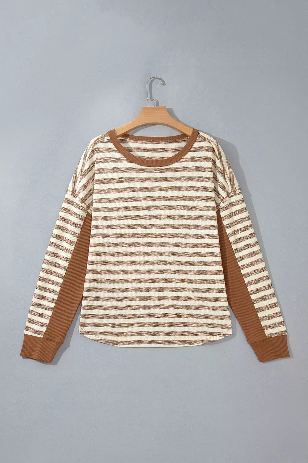 Stripe Textured Knit Color Block Trim Long Sleeve Round Neck Top