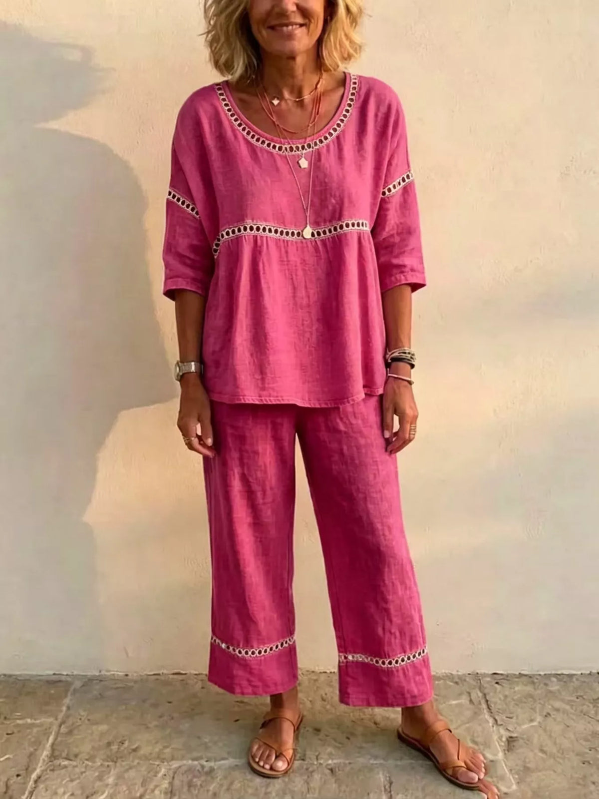 Full Size Hollow-Out Detailing Top and Pants Set Plus Size
