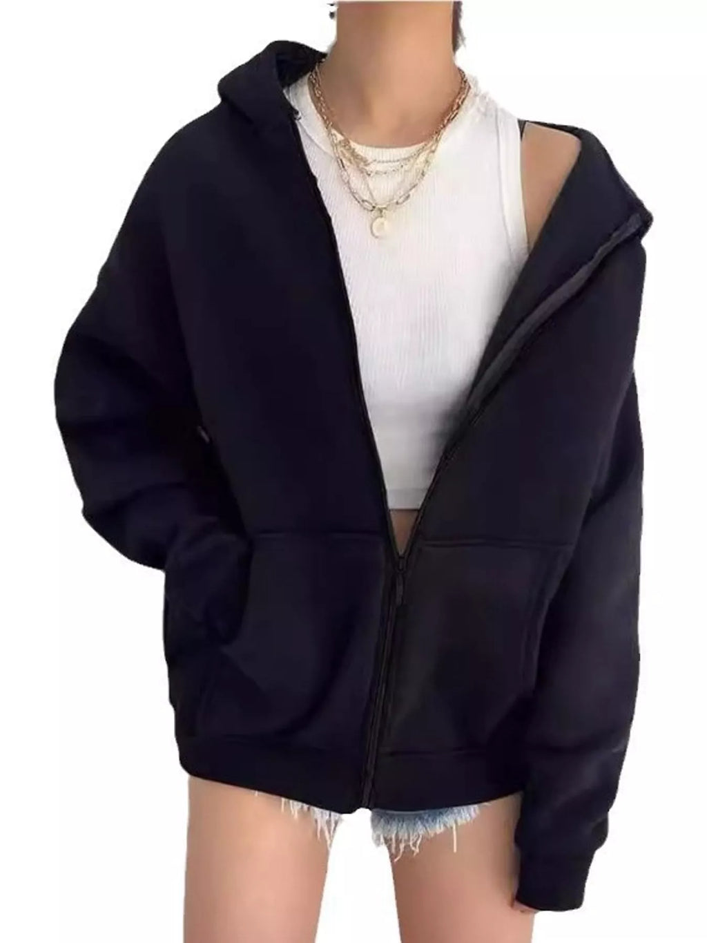 Full Size Zip-Up Dropped Shoulder Hoodie Plus Size