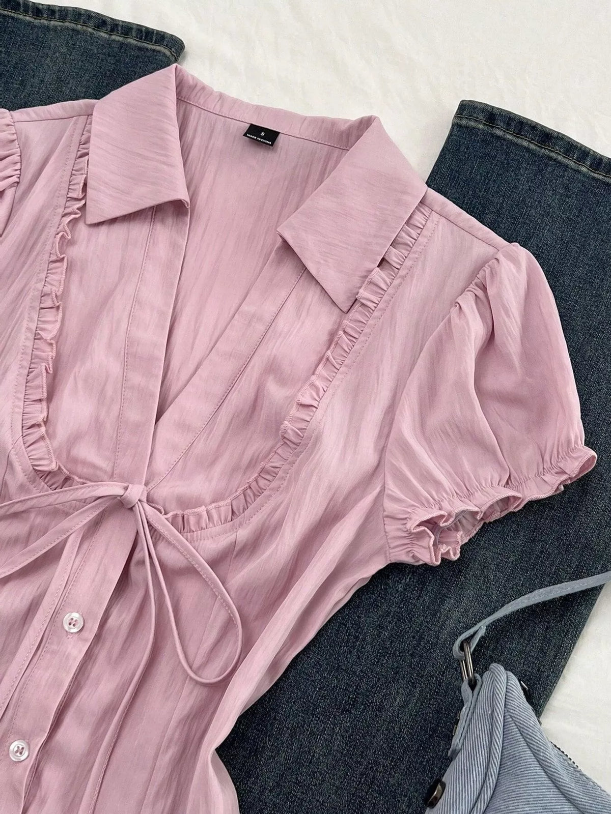 Frill Button Up Short Sleeve Shirt