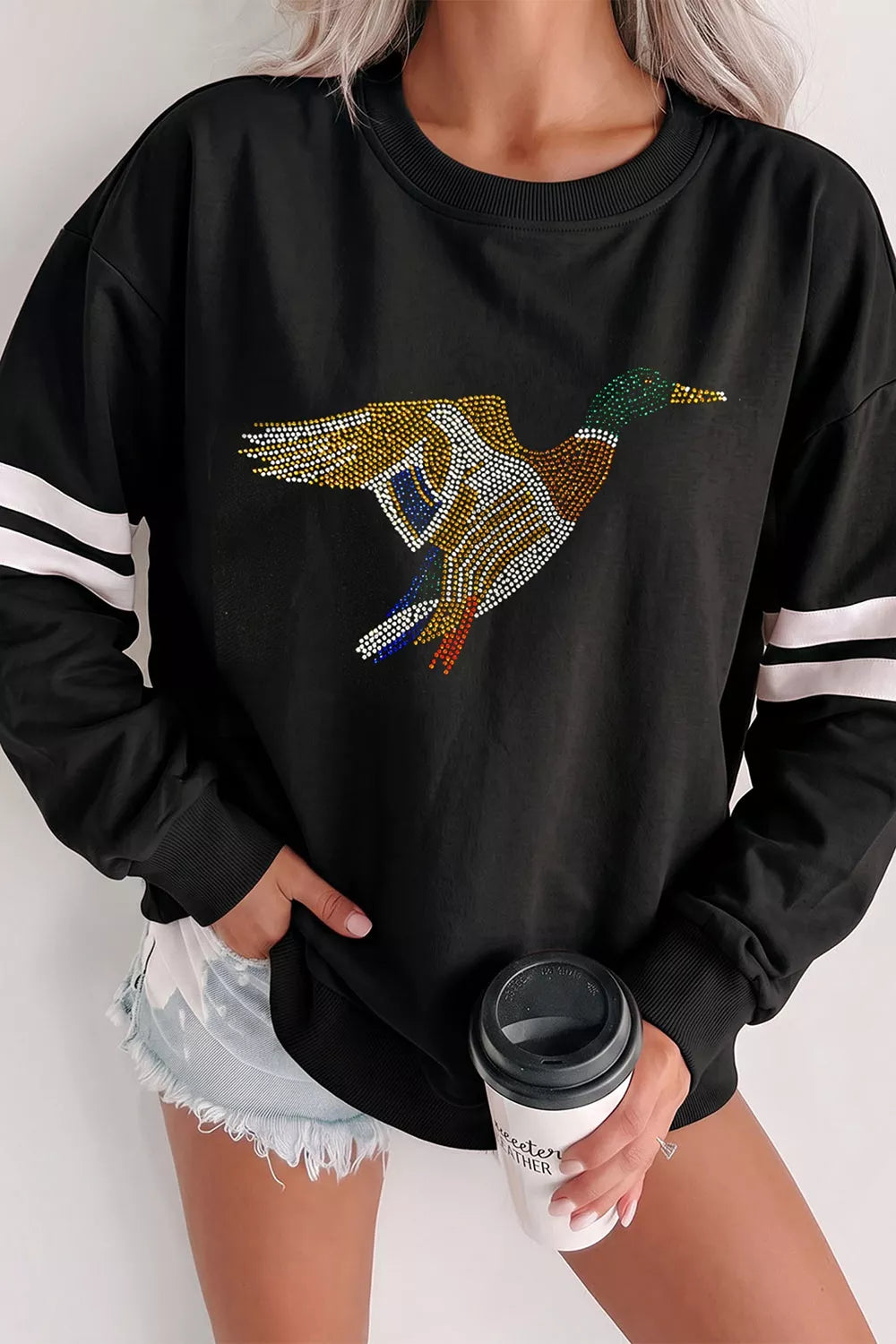 Rhinestone Mallard Contrast Striped Sleeve Casual Sweatshirt