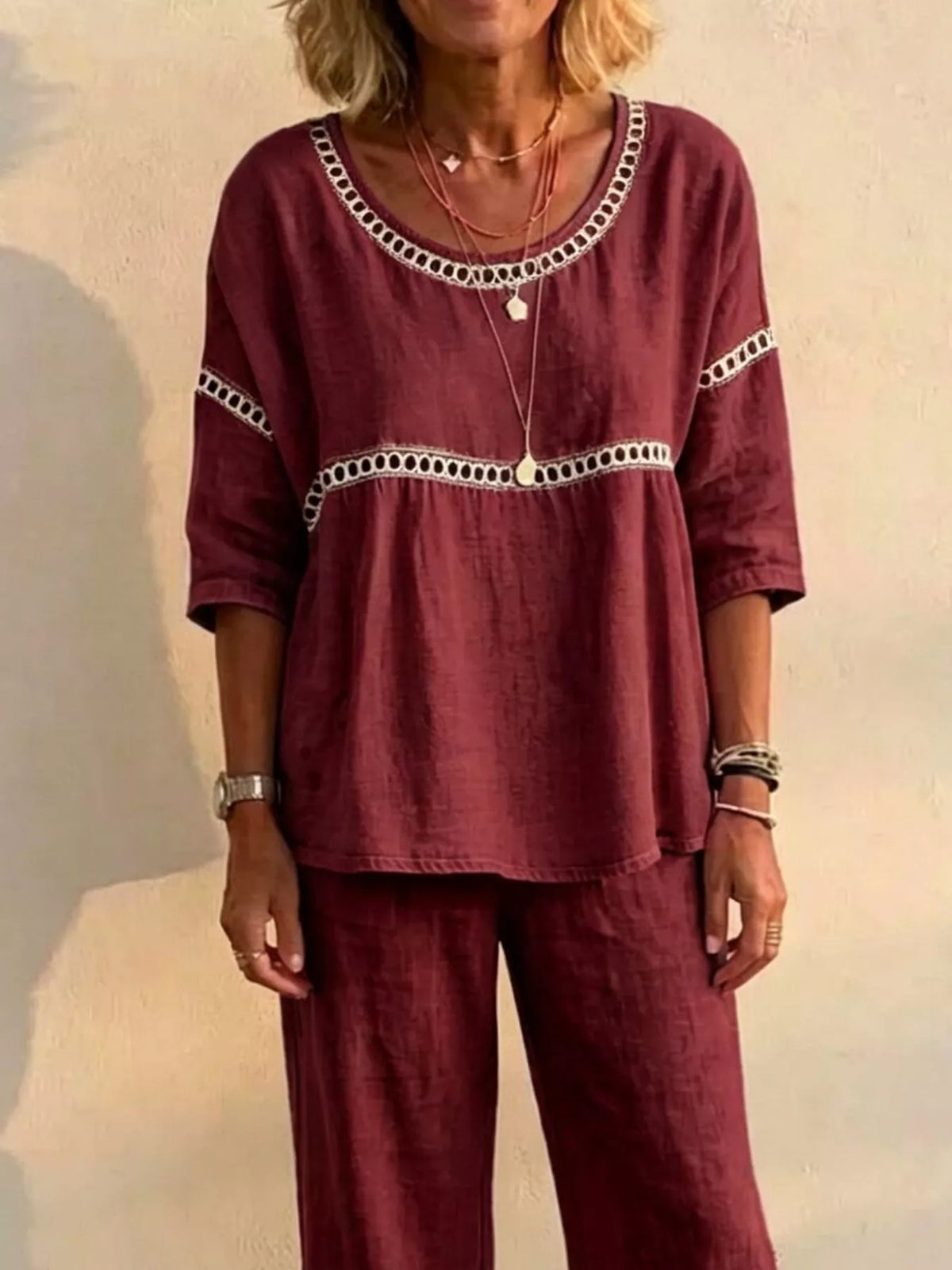 Full Size Hollow-Out Detailing Top and Pants Set Plus Size