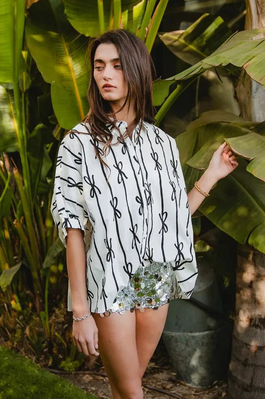 BiBi Bow Ribbon Woven Printed Button Down Shirt