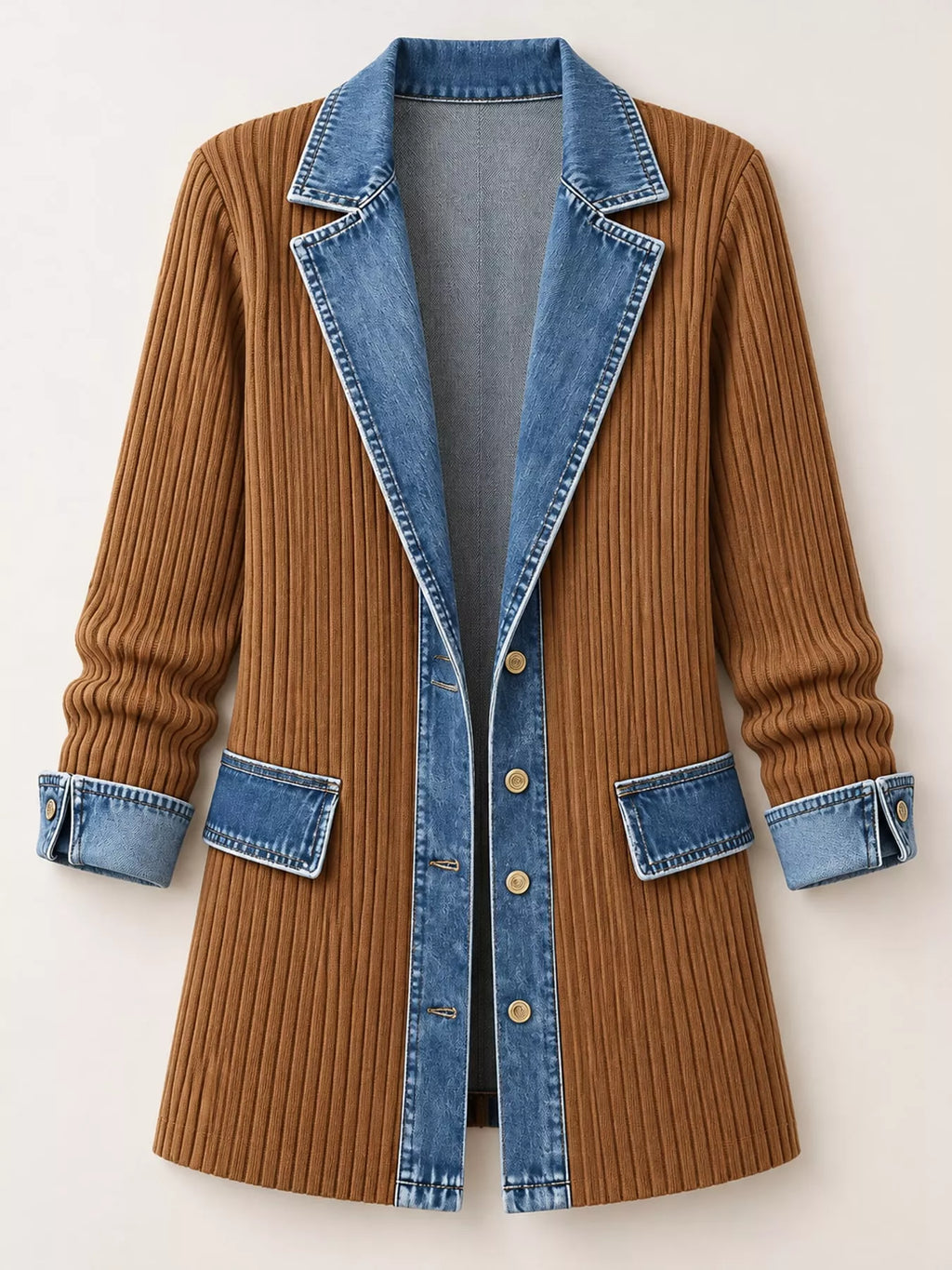 Full Size Denim Trim Ribbed Knit Cardigan Plus Size