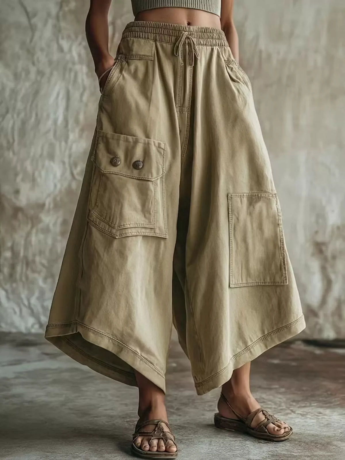 High-Waisted Cargo Wide-Leg Cropped Pants