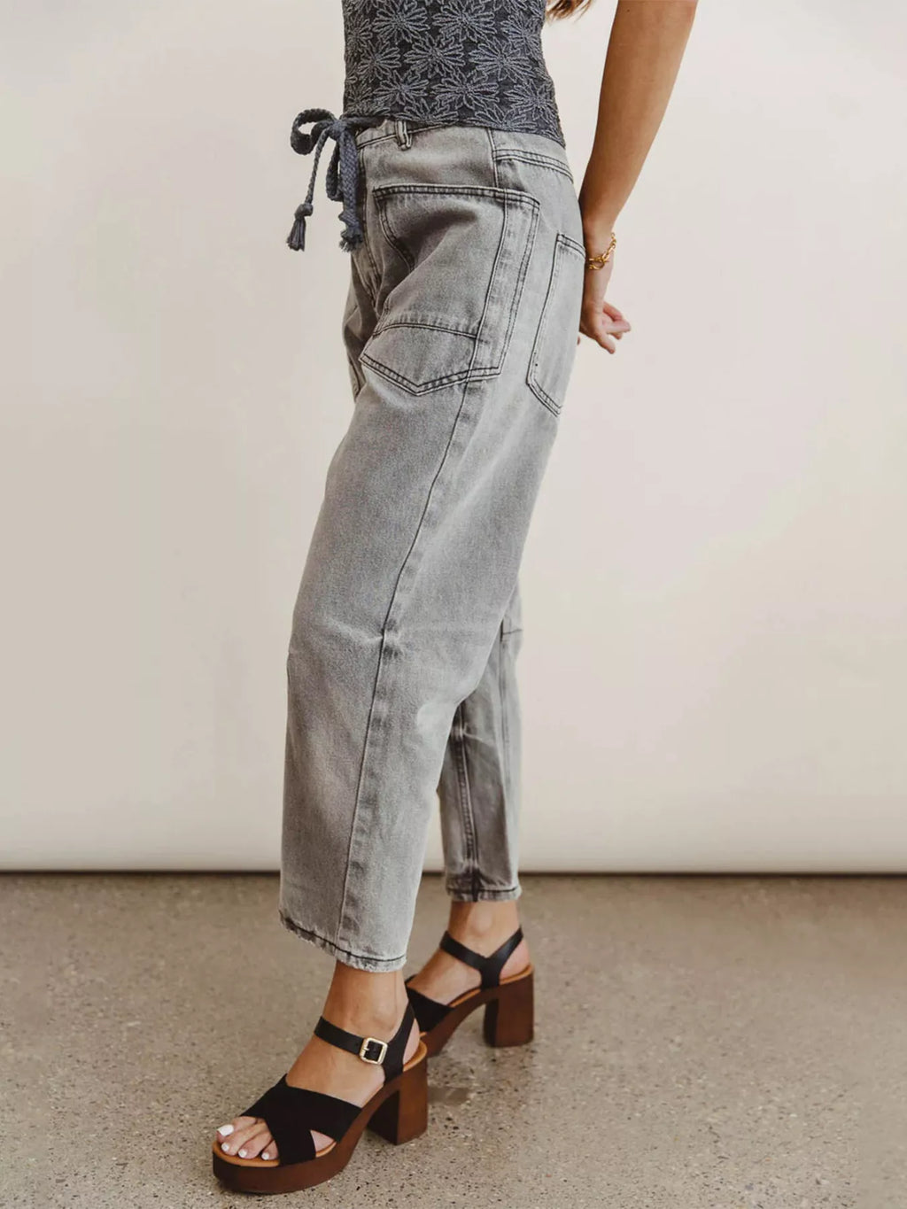 Drawstring Wide Leg Cropped Jeans