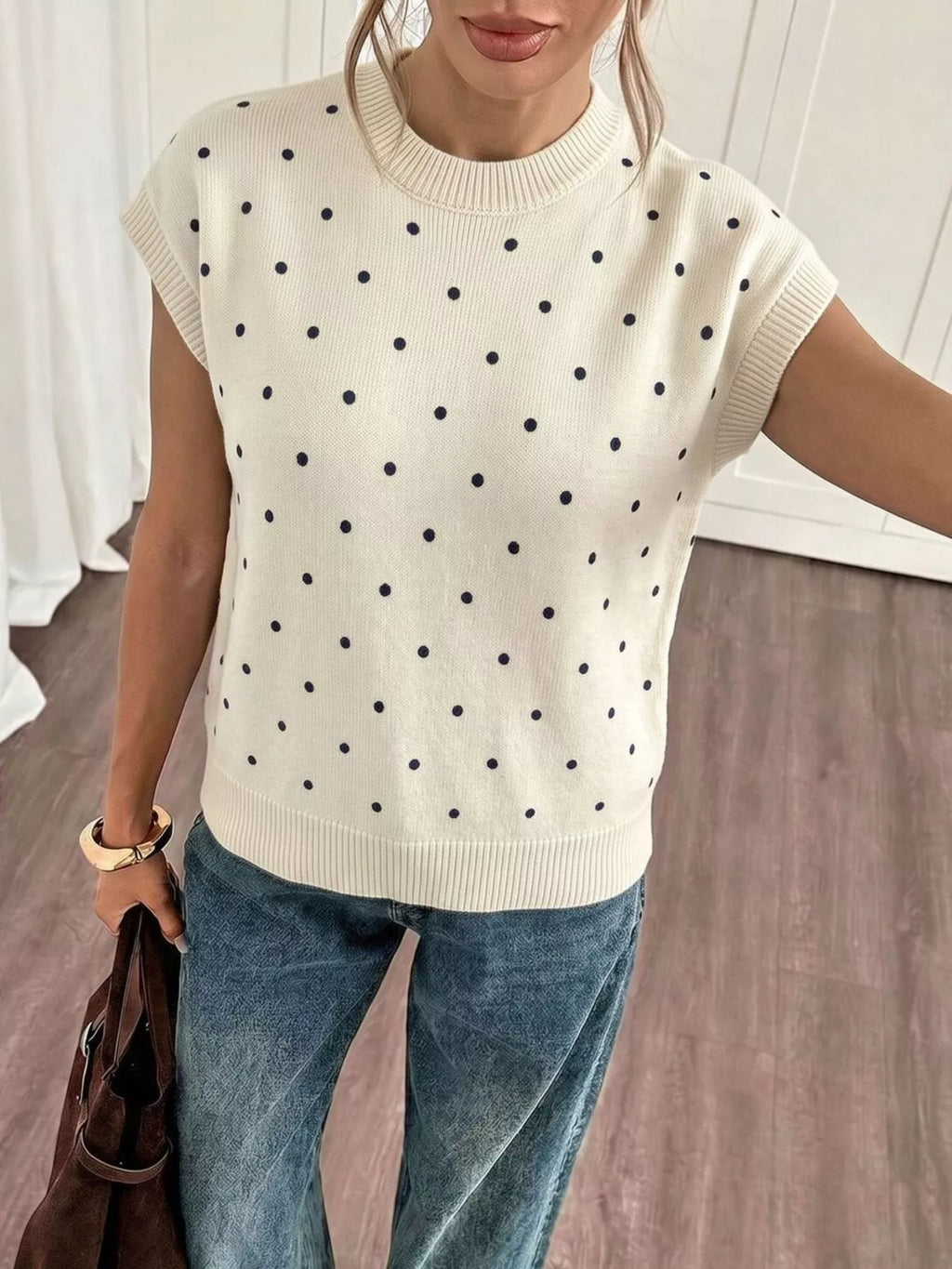 Polka Dot Short Sleeve Knit Sweater