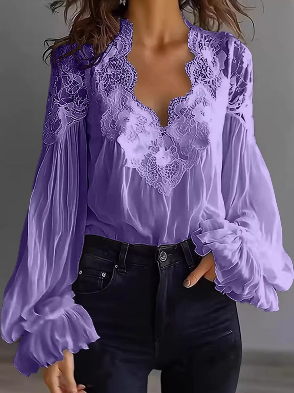 Full Size Lace V-Neck Flounce Sleeve Blouse Plus Size