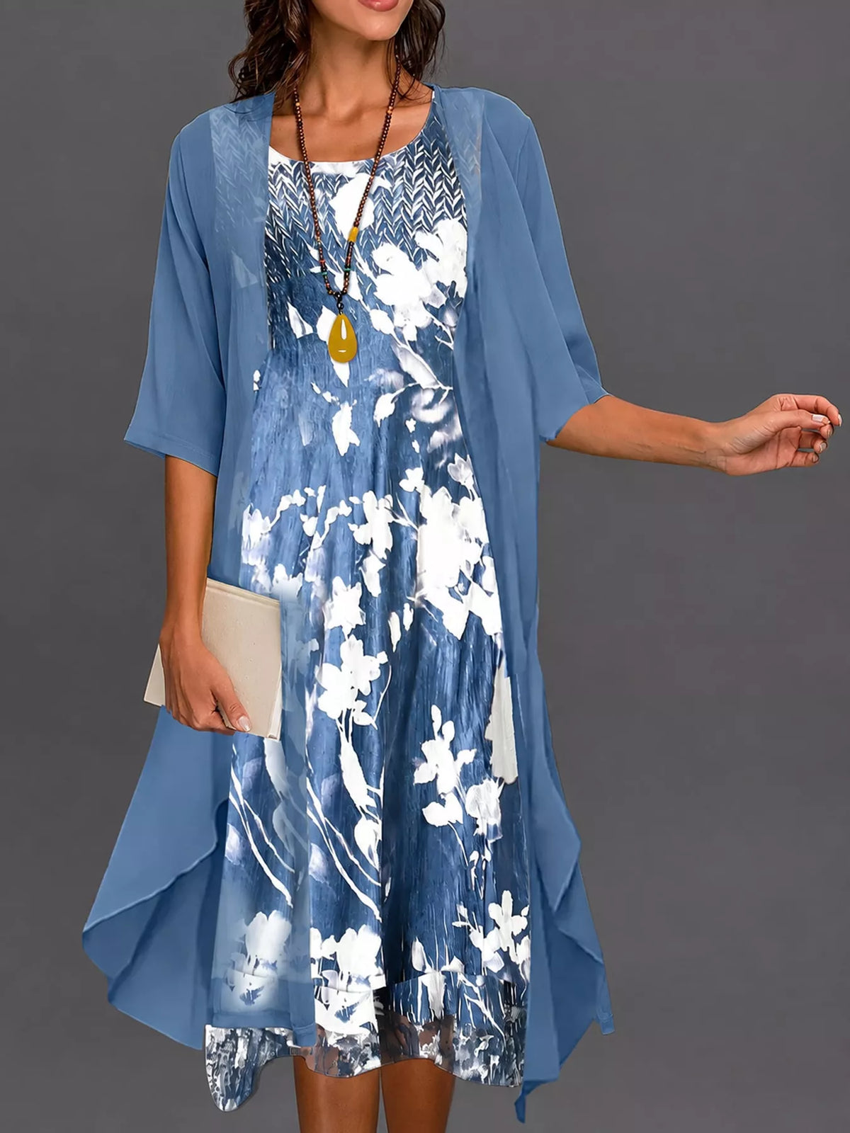 Full Size Floral Print Midi Dress and Chiffon Cardigan Set Plus Size