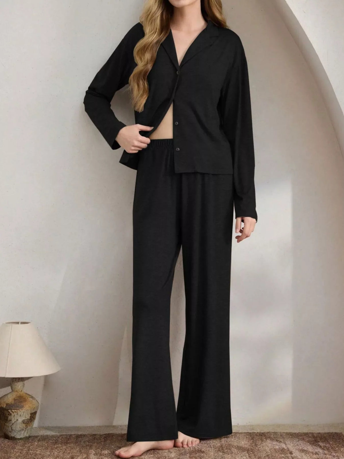 Button-Down Top and Wide-Leg Pants Lounge Set