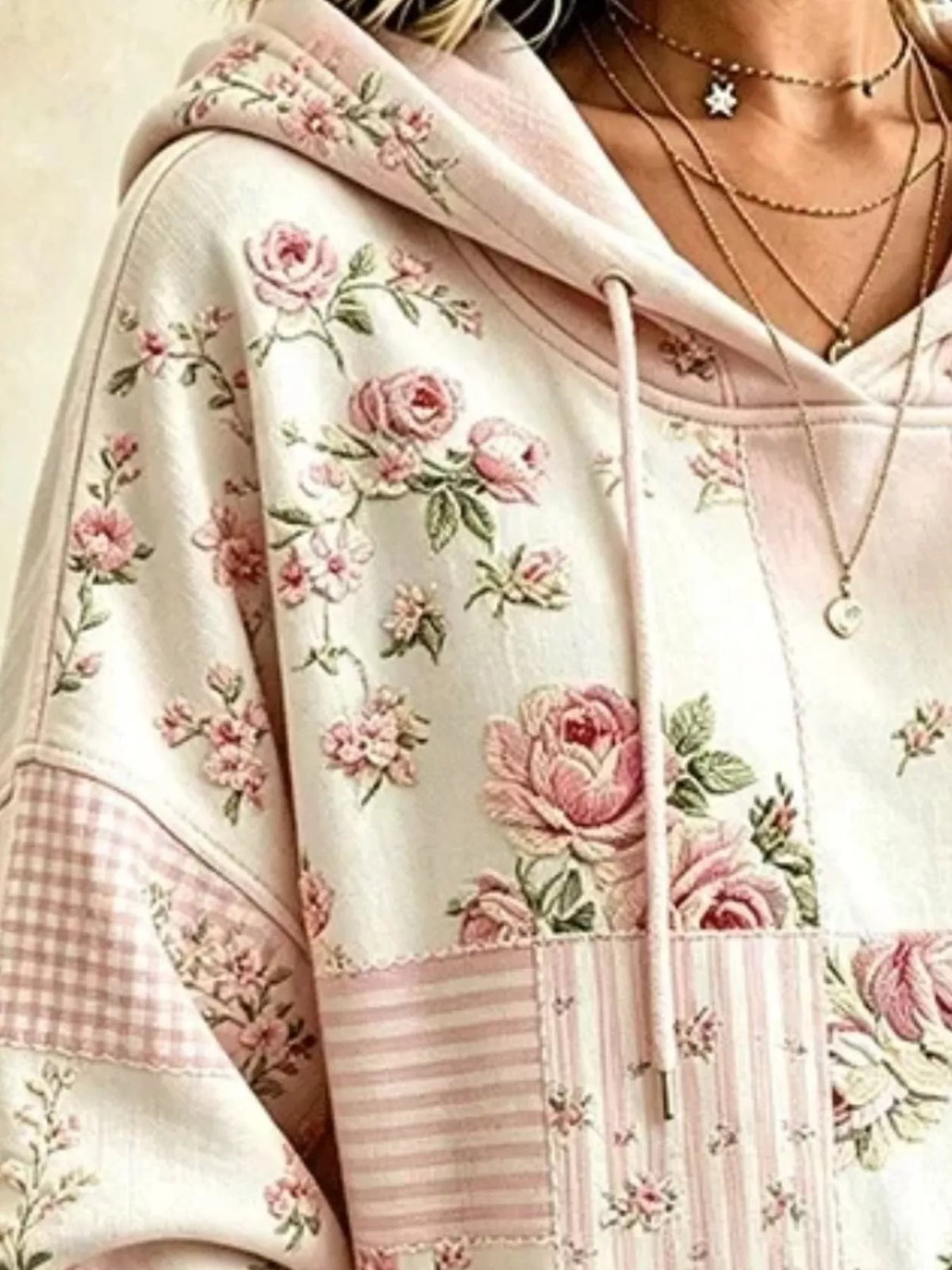Full Size Drawstring Floral Dropped Shoulder Hoodie Plus Size
