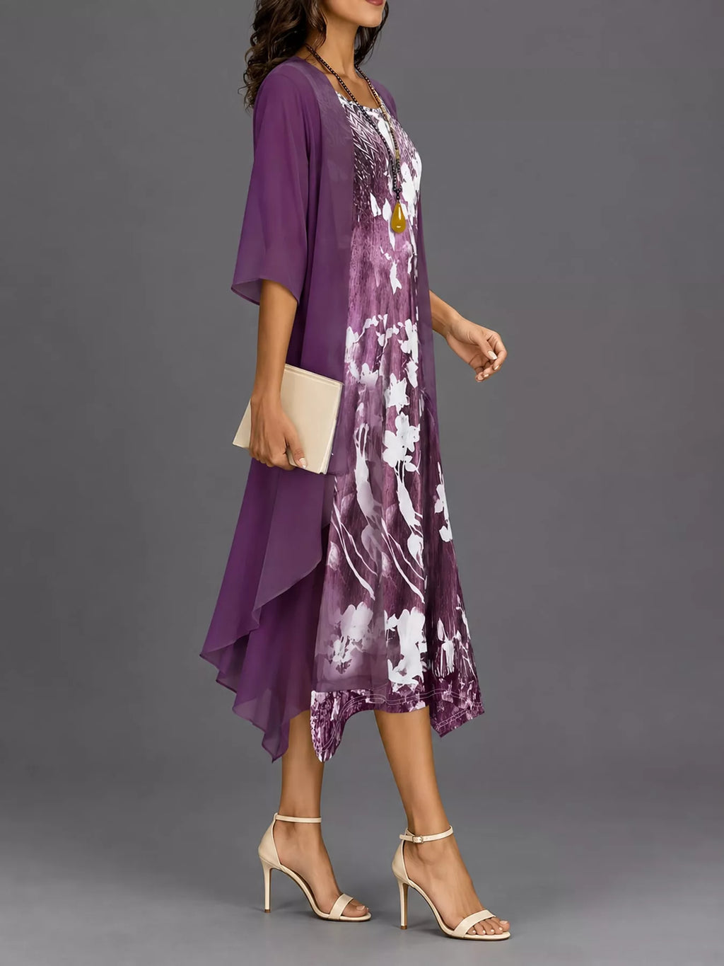Full Size Floral Print Midi Dress and Chiffon Cardigan Set Plus Size