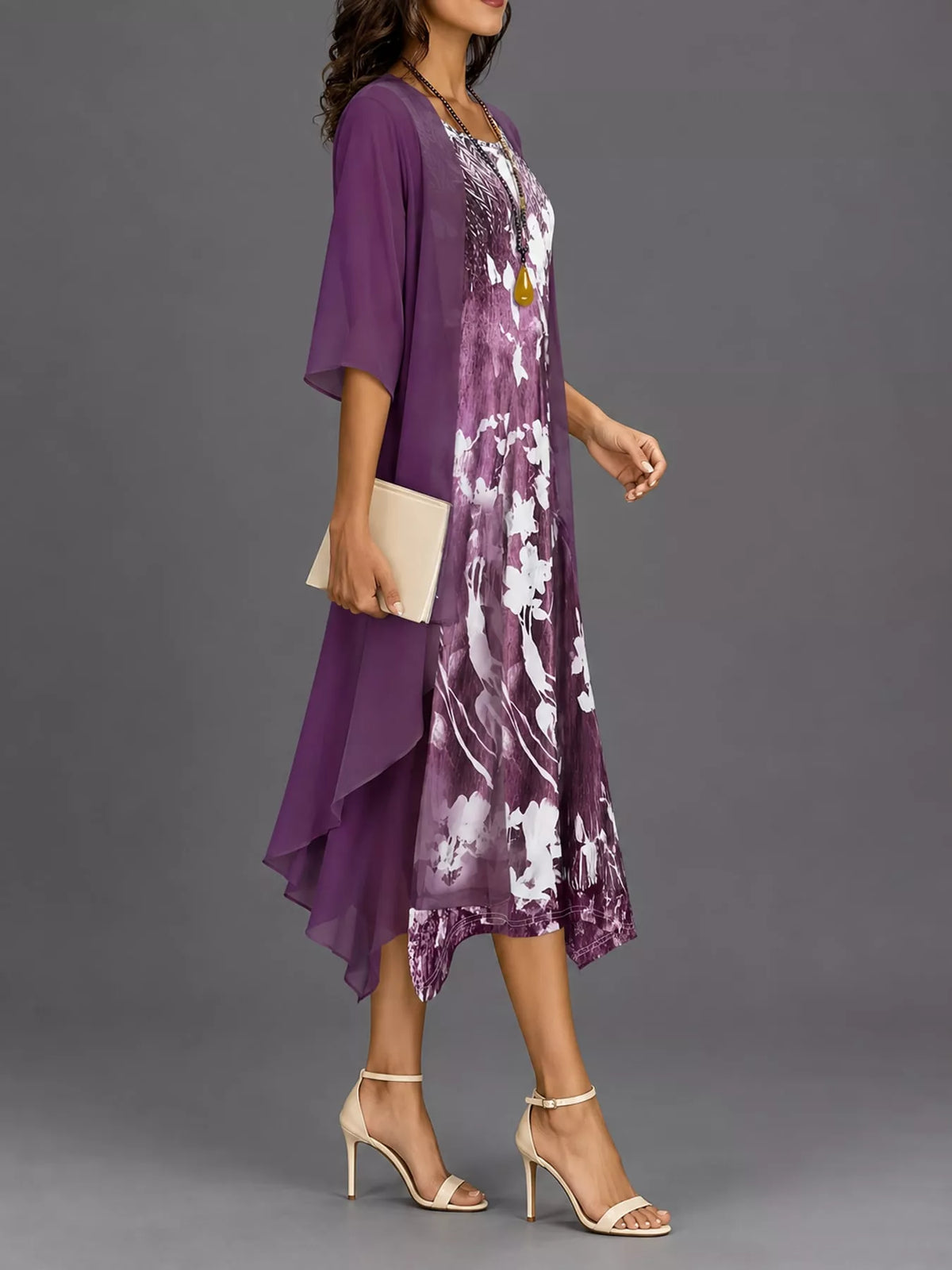 Full Size Floral Print Midi Dress and Chiffon Cardigan Set Plus Size