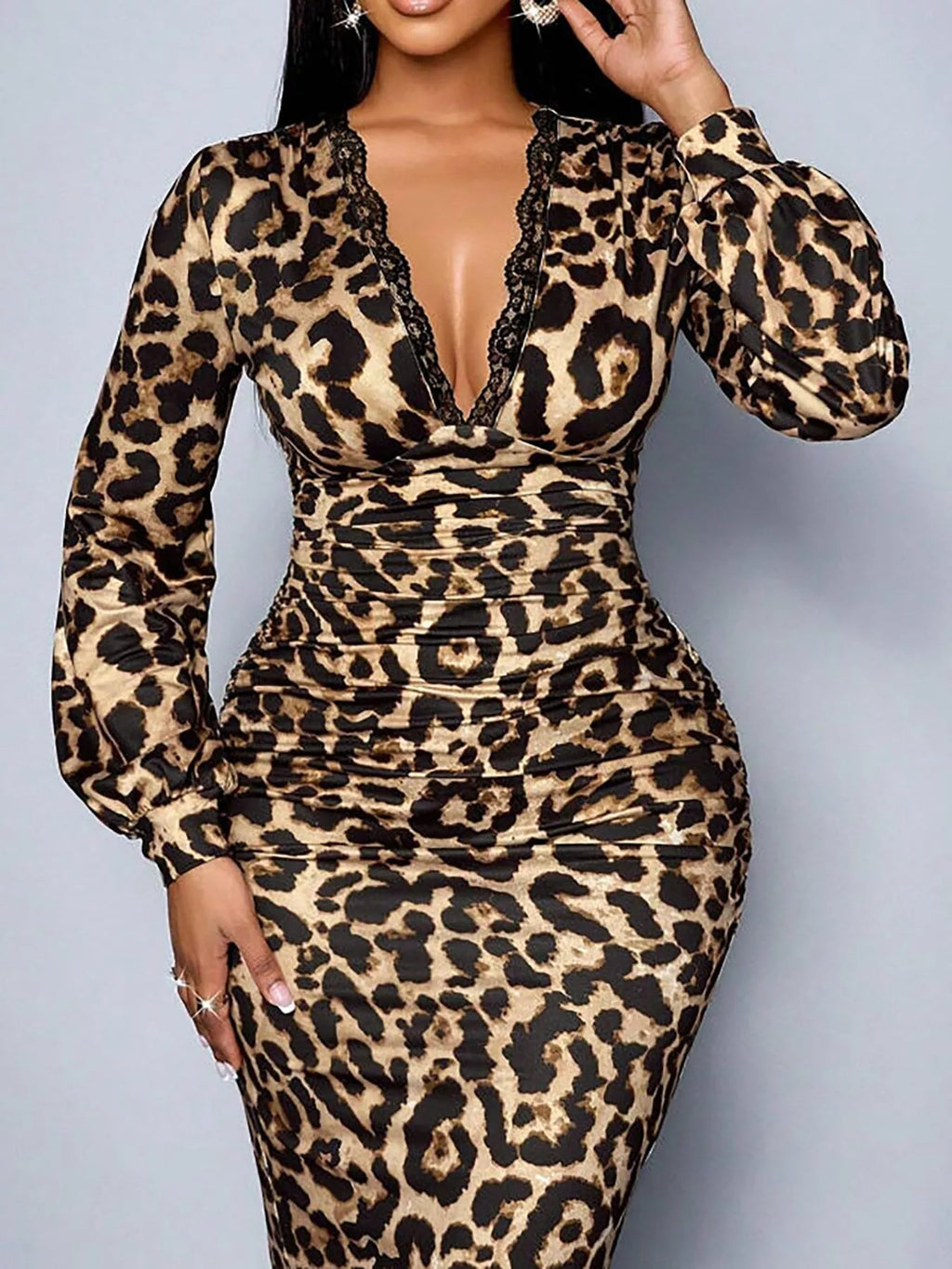 Lace Detail V-Neck Bodycon Midi Dress