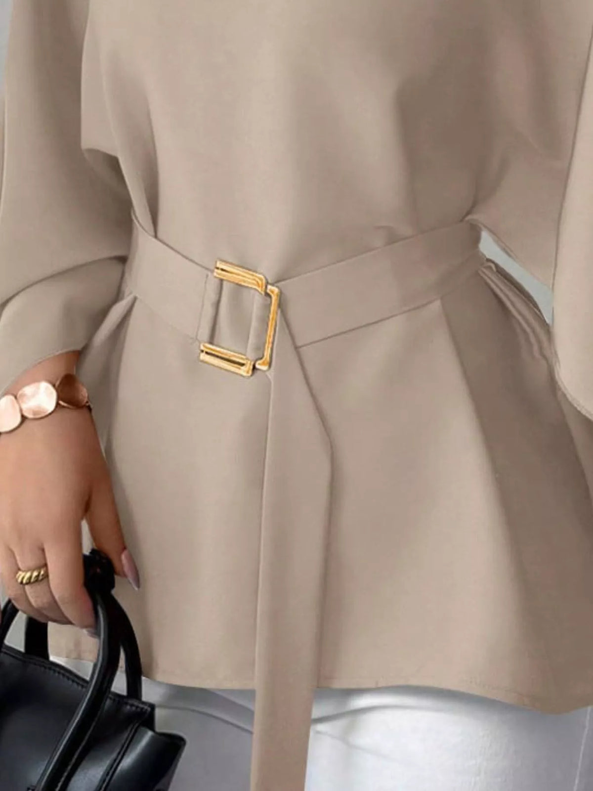 Round Neck Belt Batwing Sleeve Blouse