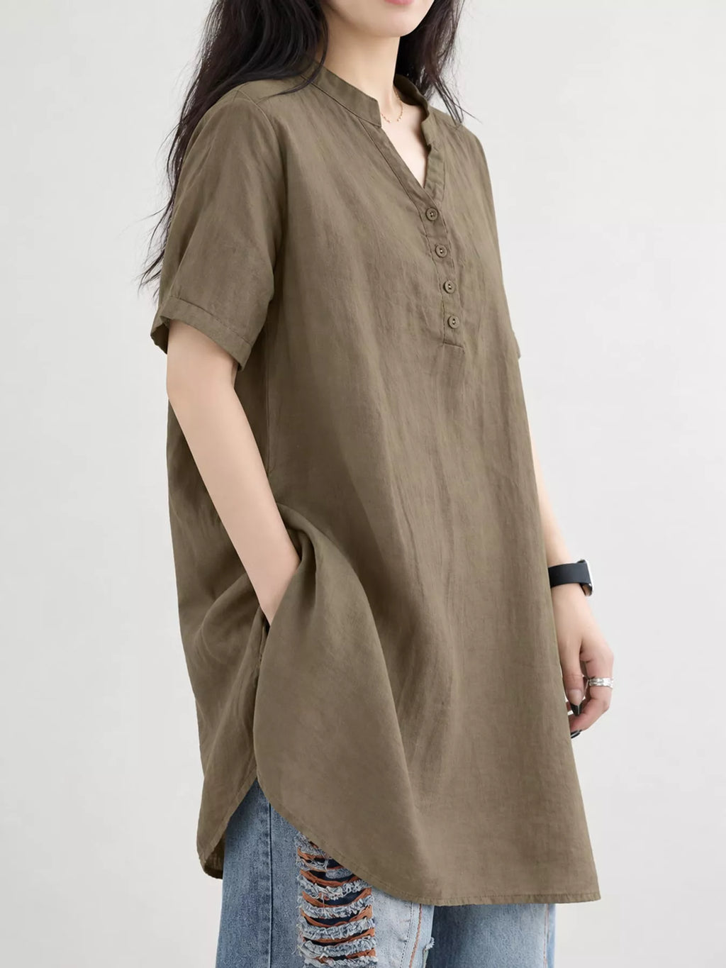 Full Size Notched Short Sleeve Oversize Blouse Plus Size