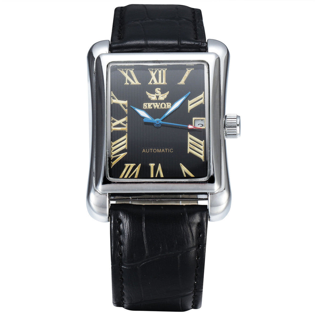Mens Automatic Mechanical Square-case Leather-strapped Mens Watch Calendar Wristwatch