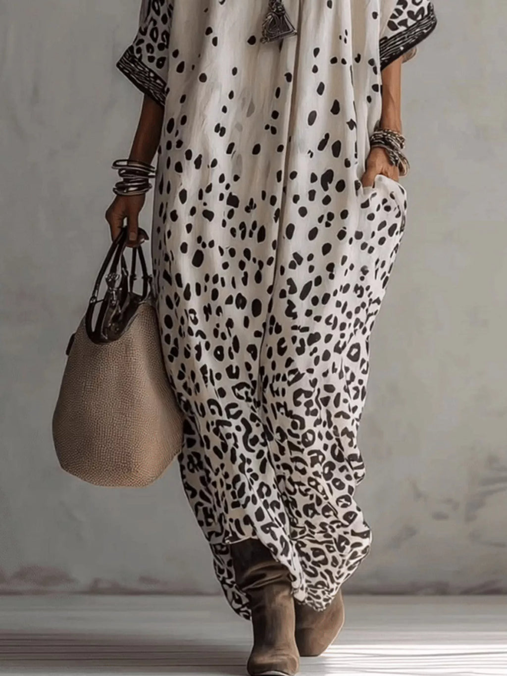 V-Neck Leopard Print Loose Maxi Dress