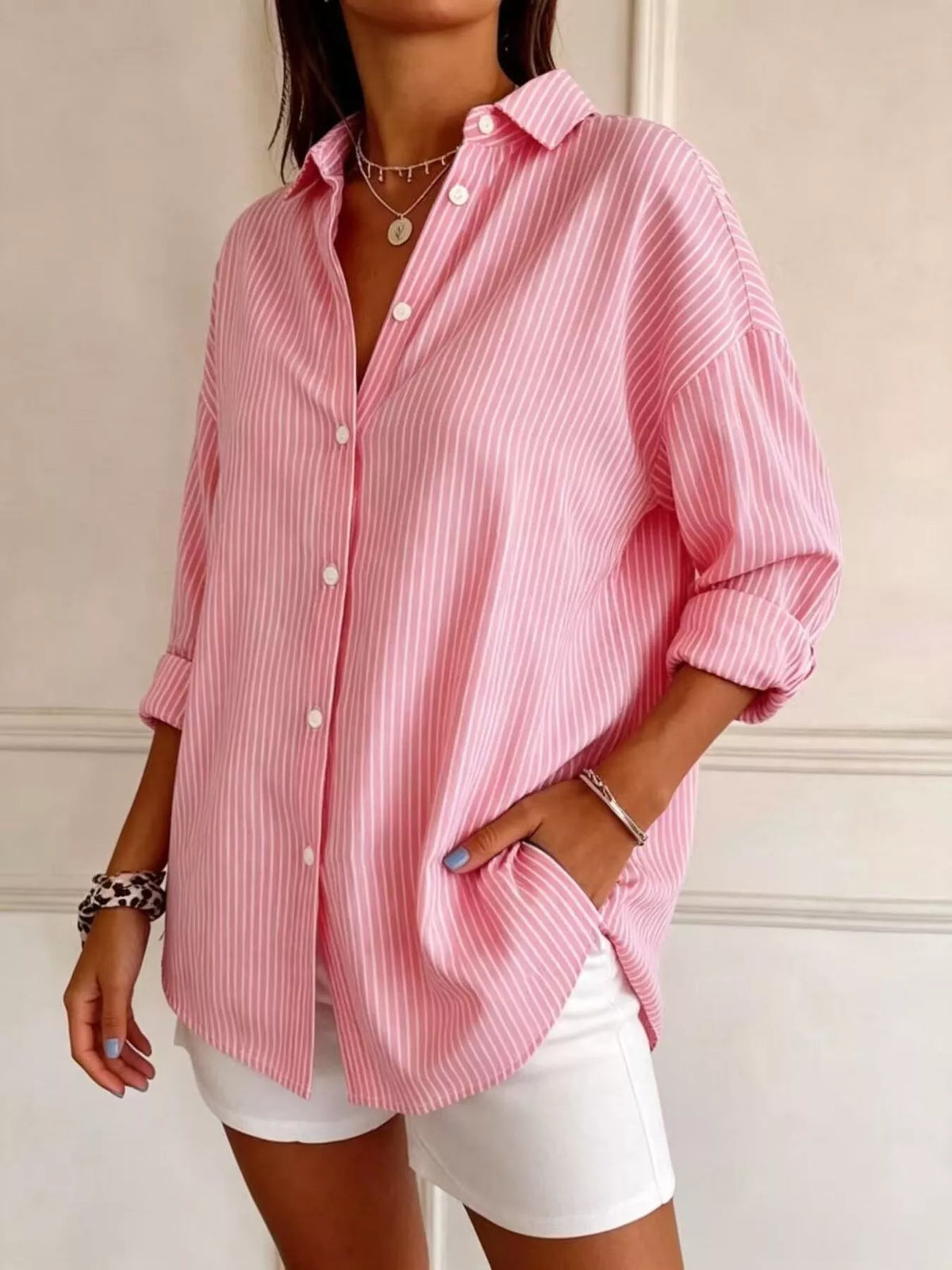 Full Size Striped Button-Down Long Sleeve Shirt Plus Size