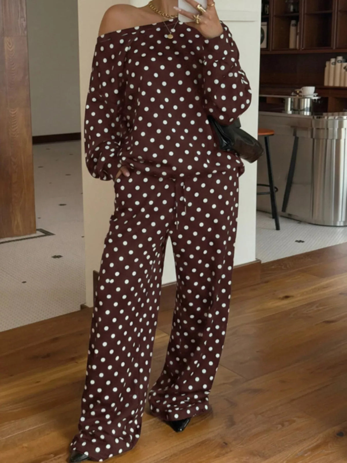 Polka Dot Long Sleeve Top and Pants Set