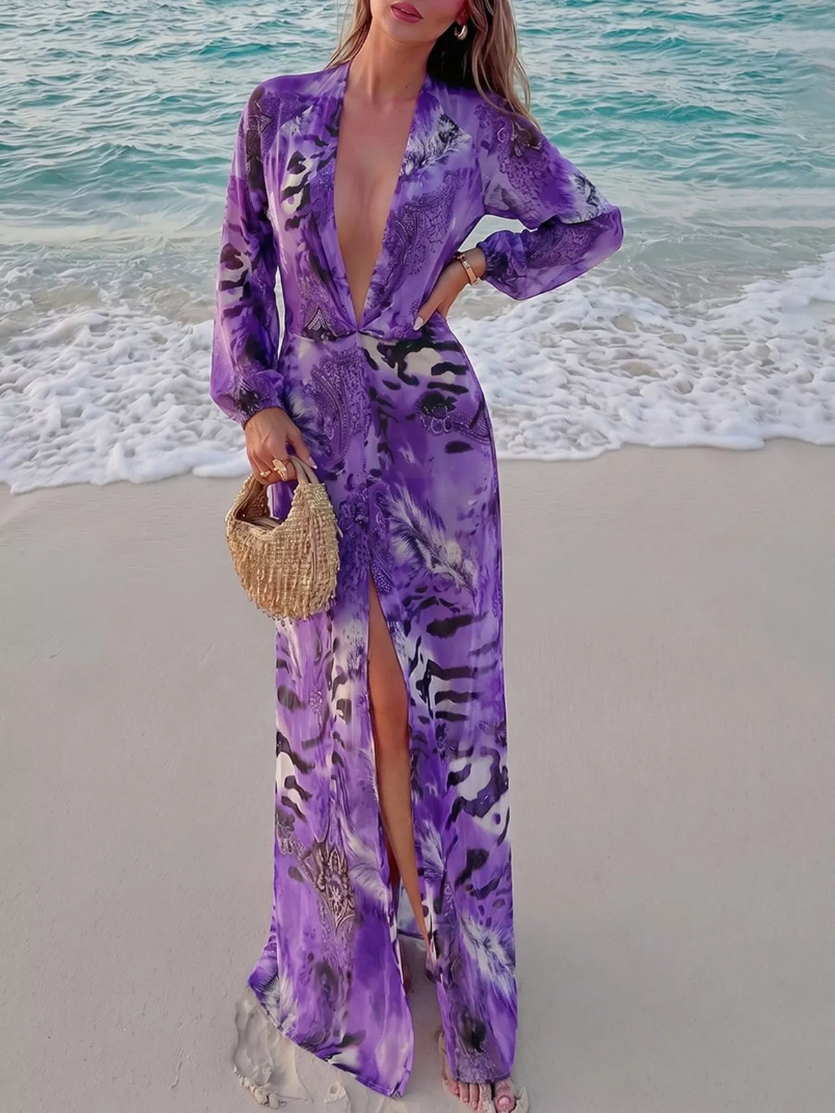 Deep V-Neck Long Sleeve Printed Maxi Dress