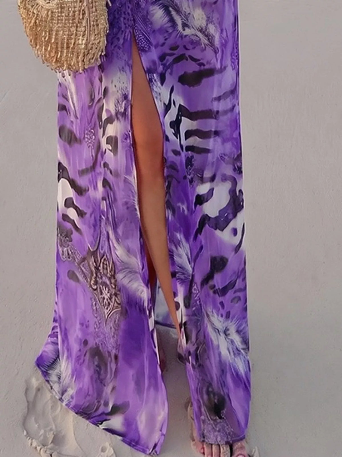 Deep V-Neck Long Sleeve Printed Maxi Dress