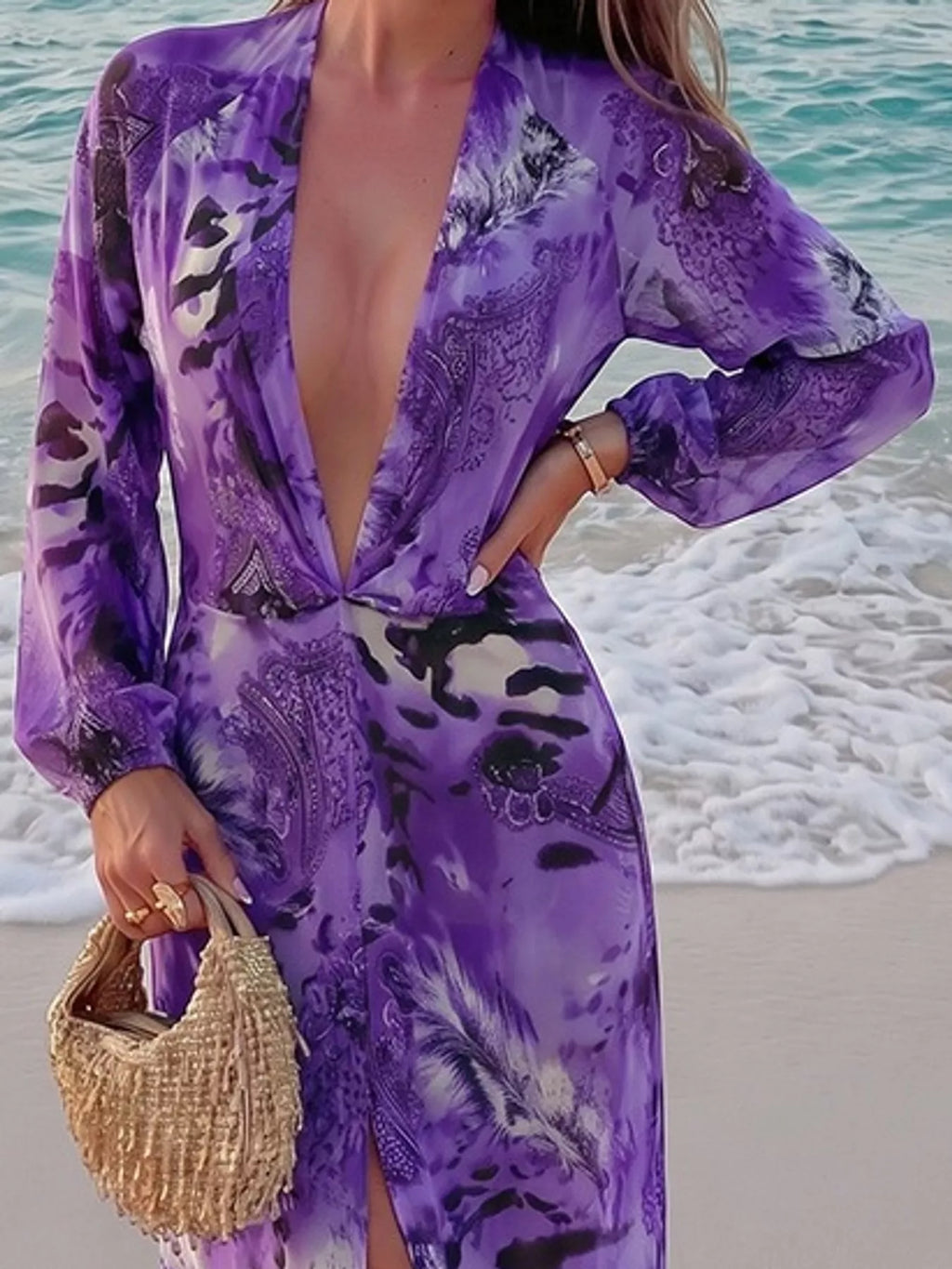 Deep V-Neck Long Sleeve Printed Maxi Dress