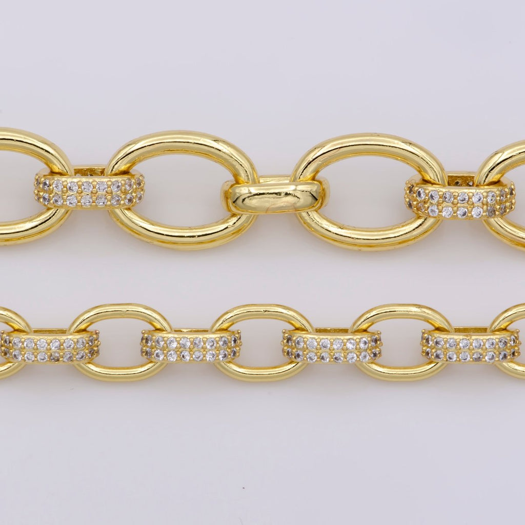 24K Gold Filled Micro Pave ROLO cable Chain with Cubic Zirconia by yard, CZ Cable Chain Necklace Specialty Link Chain by yard Rolo Cable Chain for Fashion Jewelry | WA-1388, WA-1389 Clearance Pricing