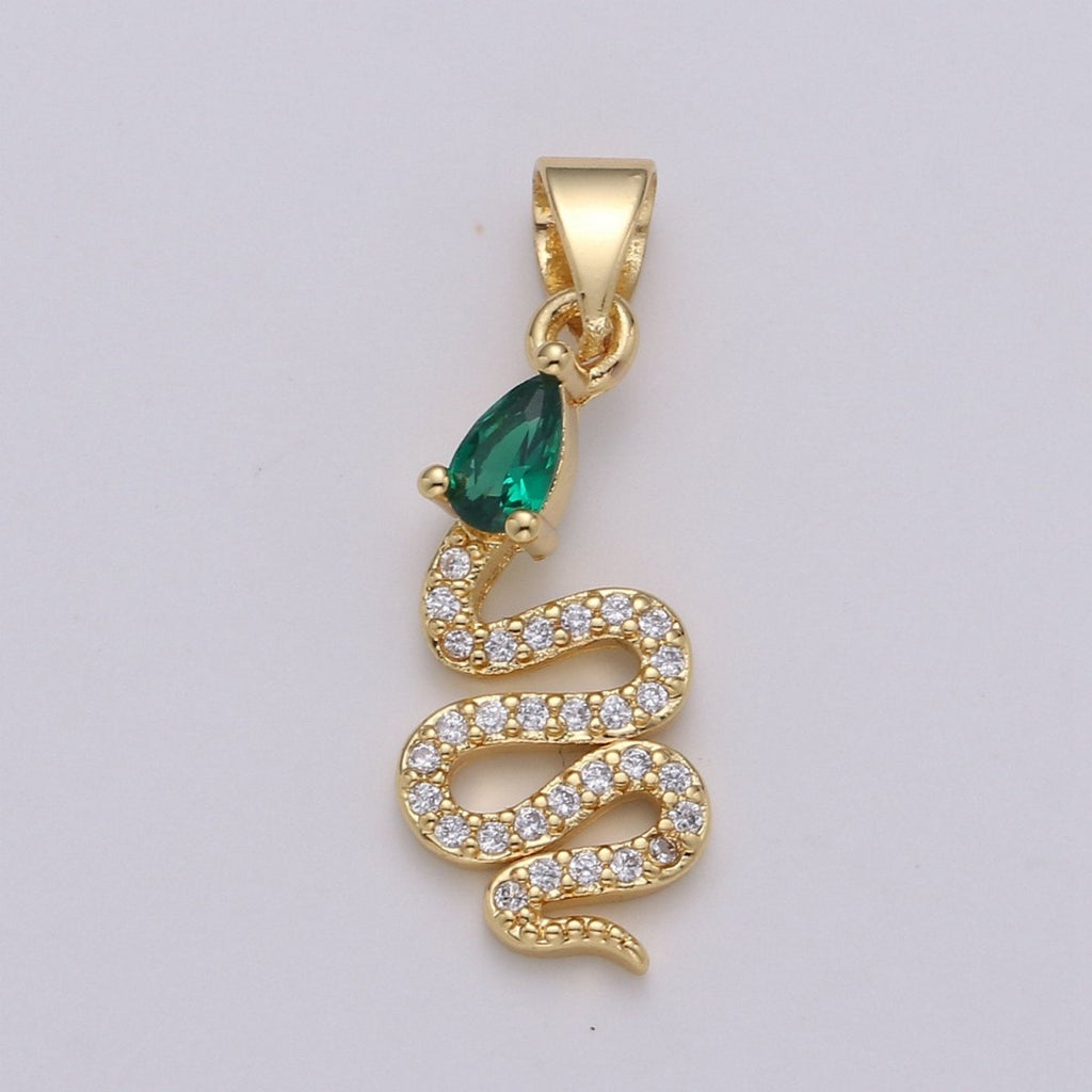 24k Gold Filled Snake Charm, Gold Snake Pendant Charm, Micro Pave Serpent Animal Cz Charm Green Blue Pink Stone DIY Jewelry I-804~I-806