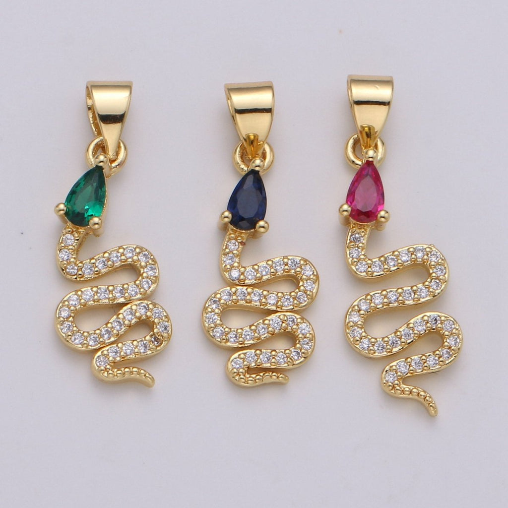 24k Gold Filled Snake Charm, Gold Snake Pendant Charm, Micro Pave Serpent Animal Cz Charm Green Blue Pink Stone DIY Jewelry I-804~I-806