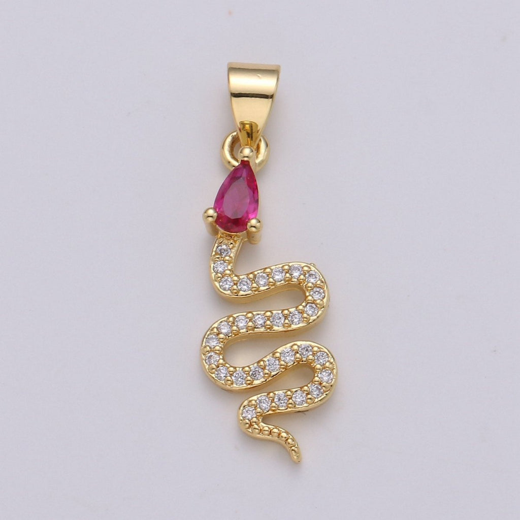 24k Gold Filled Snake Charm, Gold Snake Pendant Charm, Micro Pave Serpent Animal Cz Charm Green Blue Pink Stone DIY Jewelry I-804~I-806
