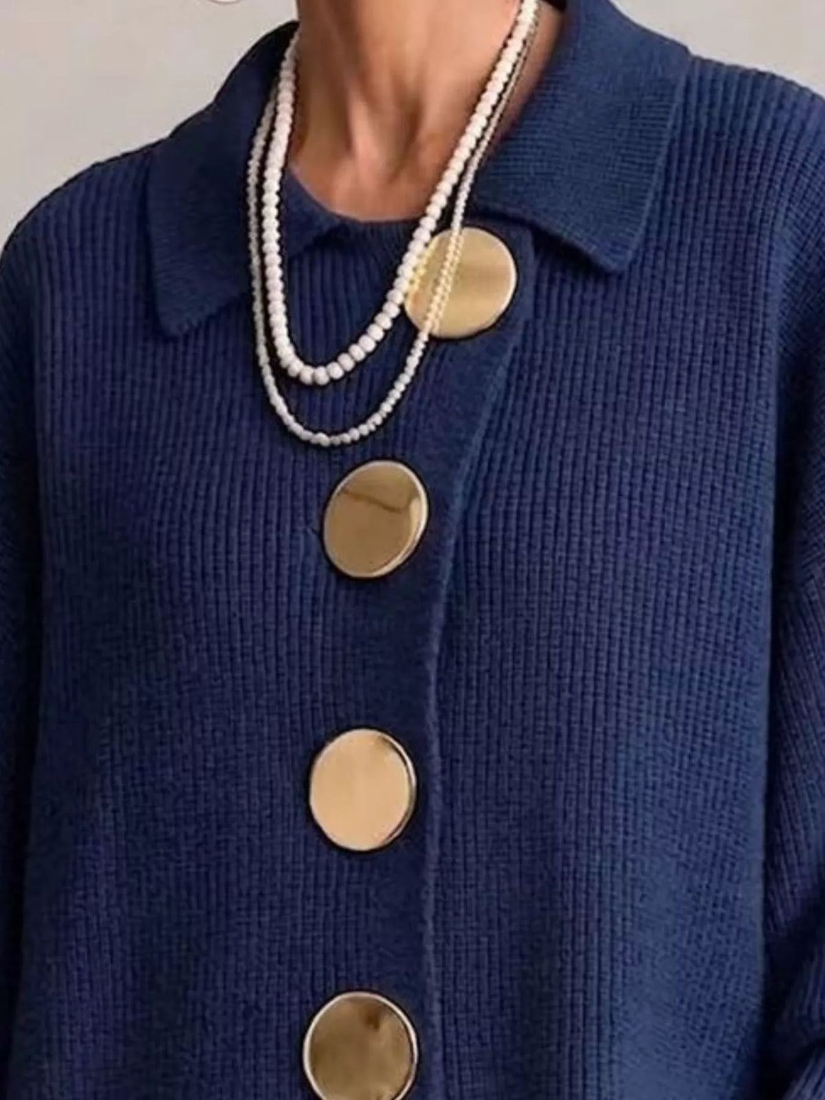 Full Size Ribbed Knit Gold Buttons Cardigan Plus Size
